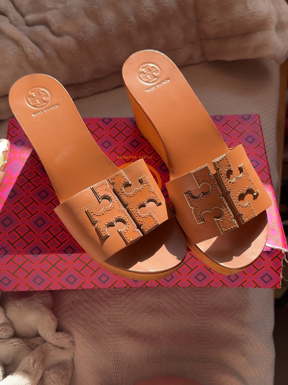 Tory Burch Tan Miller Wooden Wedges
